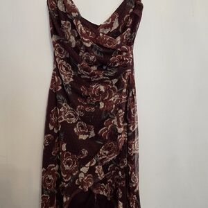 Floral Burgundy High-Low Dress with Draped Neckline